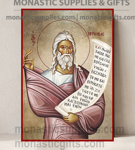 Handcrafted Orthodox gold leaf canvas icon of Holy Prophet Jeremiah holding scripture scroll on solid wooden panel