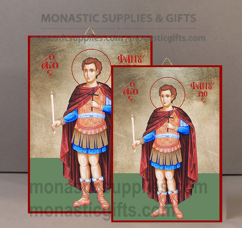 Handcrafted Orthodox gold leaf canvas icon of Saint Phanourios holding a cross and lit candle on solid wooden panel