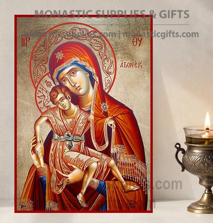 Handcrafted Orthodox gold leaf canvas icon of the Virgin Mary Axion Estin Truly Meet Protaton Mount Athos on solid wooden panel
