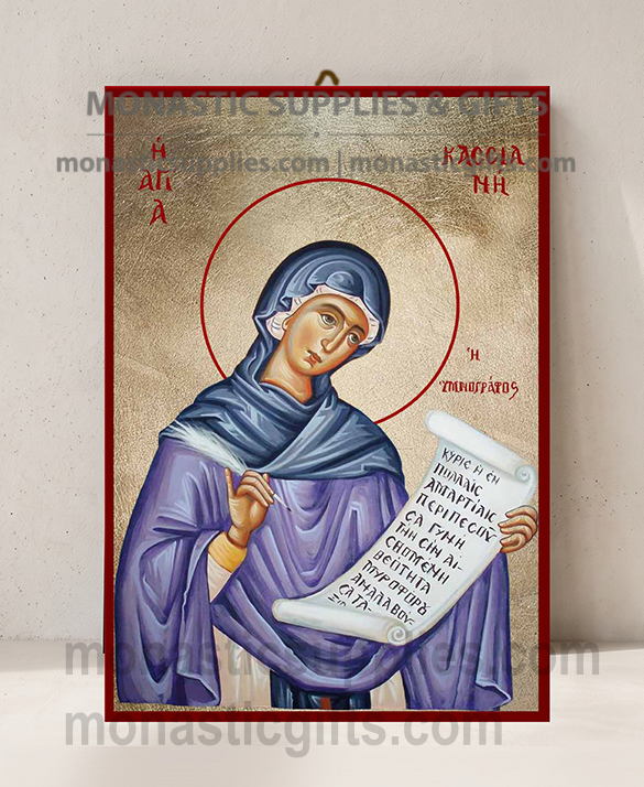 Handcrafted Orthodox gold leaf canvas icon of Saint Kassiani the Hymnographer on solid wooden panel