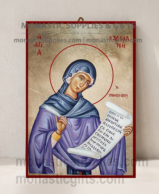 Handcrafted Orthodox gold leaf canvas icon of Saint Kassiani the Hymnographer on solid wooden panel