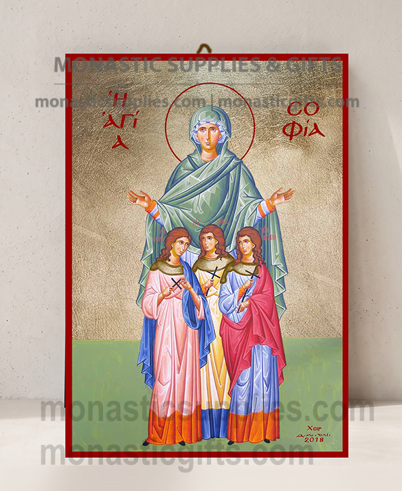 Handcrafted Orthodox gold leaf canvas icon of Saint Sophia and her daughters Faith Hope and Love on solid wooden panel