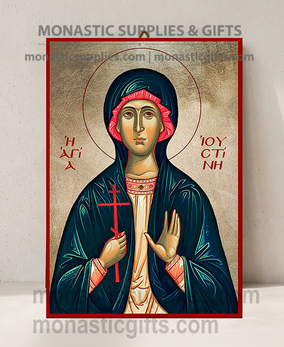 Handcrafted Orthodox gold leaf canvas icon of Saint Justina the Virgin Martyr on solid wooden panel