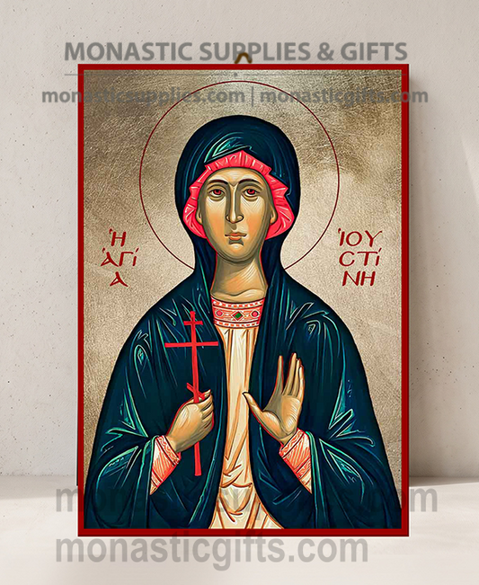 Handcrafted Orthodox gold leaf canvas icon of Saint Justina the Virgin Martyr on solid wooden panel