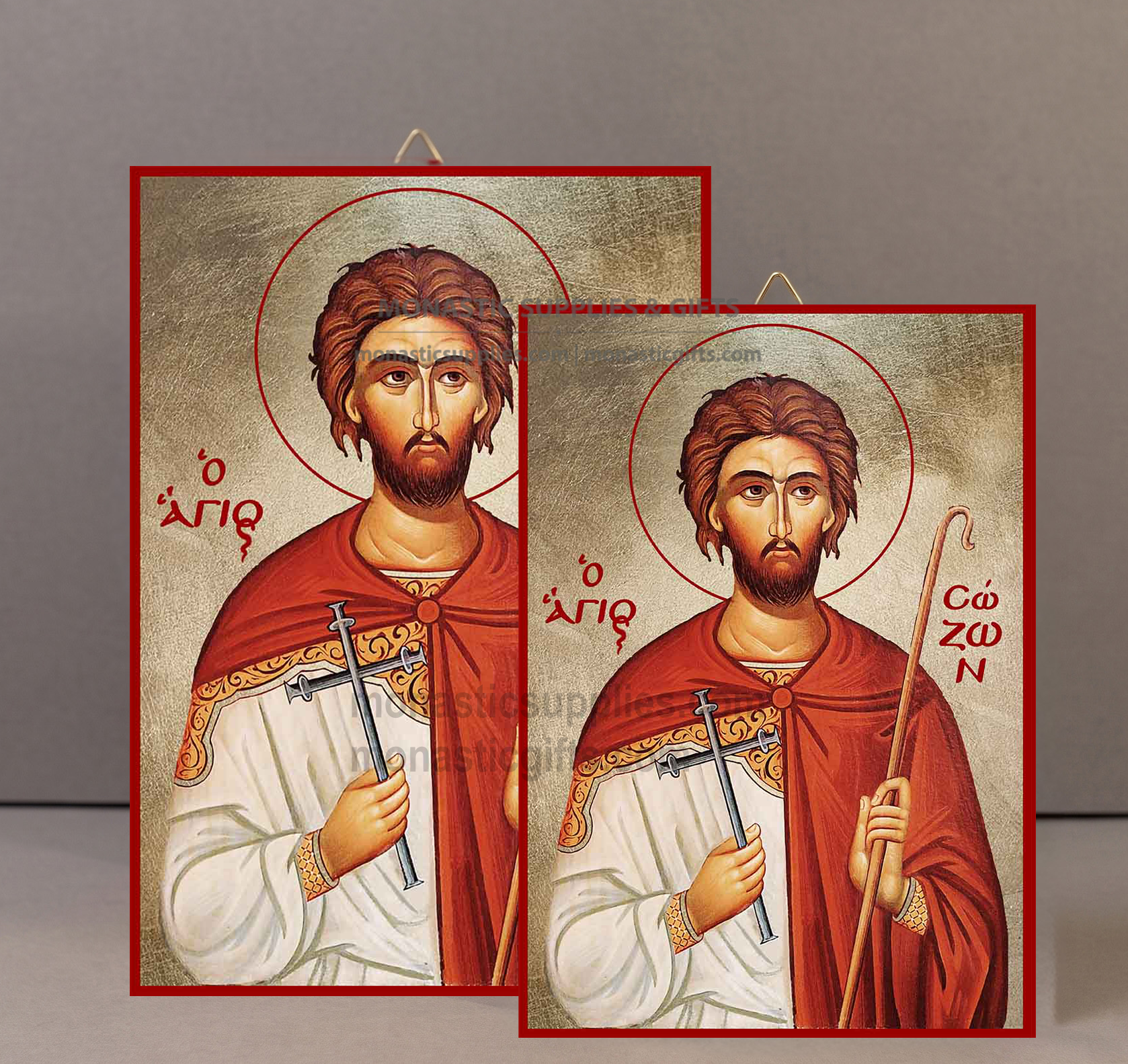 Handcrafted Orthodox gold leaf canvas icon of Saint Sozon the Martyr patron of shepherds and Lemnos on solid wooden panel