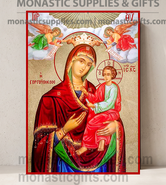 Handcrafted Orthodox gold leaf canvas icon of the Virgin Mary Quick to Hear Theotokos Gorgoepikoos on solid wooden panel