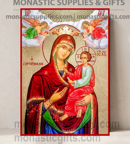 Handcrafted Orthodox gold leaf canvas icon of the Virgin Mary Quick to Hear Theotokos Gorgoepikoos on solid wooden panel
