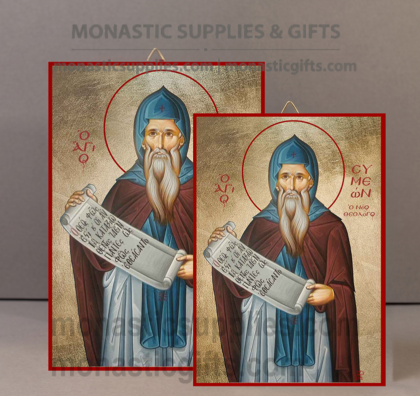 Handcrafted Orthodox gold leaf canvas icon of Saint Simeon the God-Receiver holding infant Christ on solid wooden panel