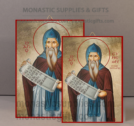 Handcrafted Orthodox gold leaf canvas icon of Saint Simeon the God-Receiver holding infant Christ on solid wooden panel