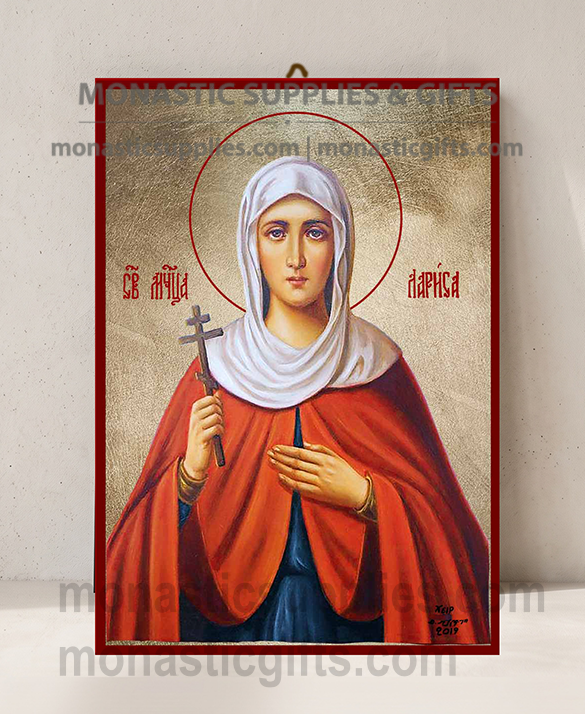 Handcrafted Orthodox gold leaf canvas icon of Saint Larissa the Martyr on solid wooden panel