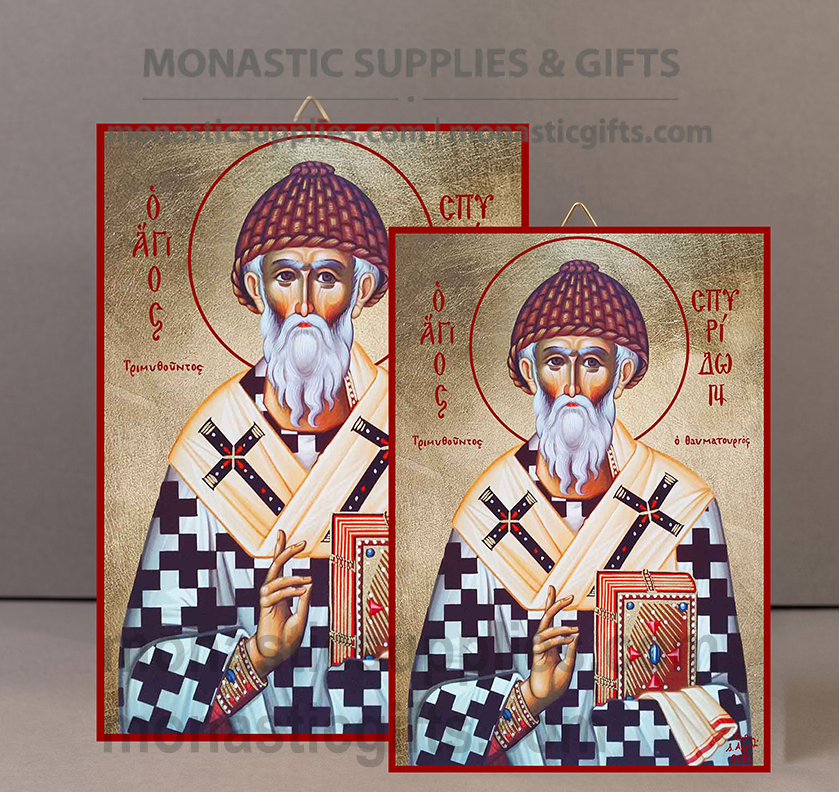 Handcrafted Orthodox gold leaf canvas icon of Saint Spyridon the Wonderworker patron of the poor and Corfu on solid wooden panel