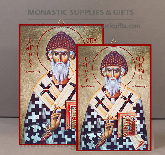 Handcrafted Orthodox gold leaf canvas icon of Saint Spyridon the Wonderworker patron of the poor and Corfu on solid wooden panel