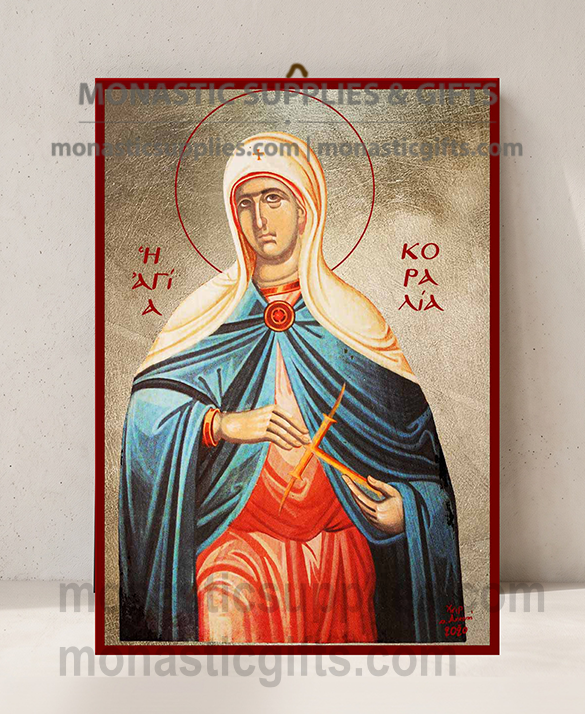 Handcrafted Orthodox gold leaf canvas icon of Saint Coralia the Virgin Martyr on solid wooden panel