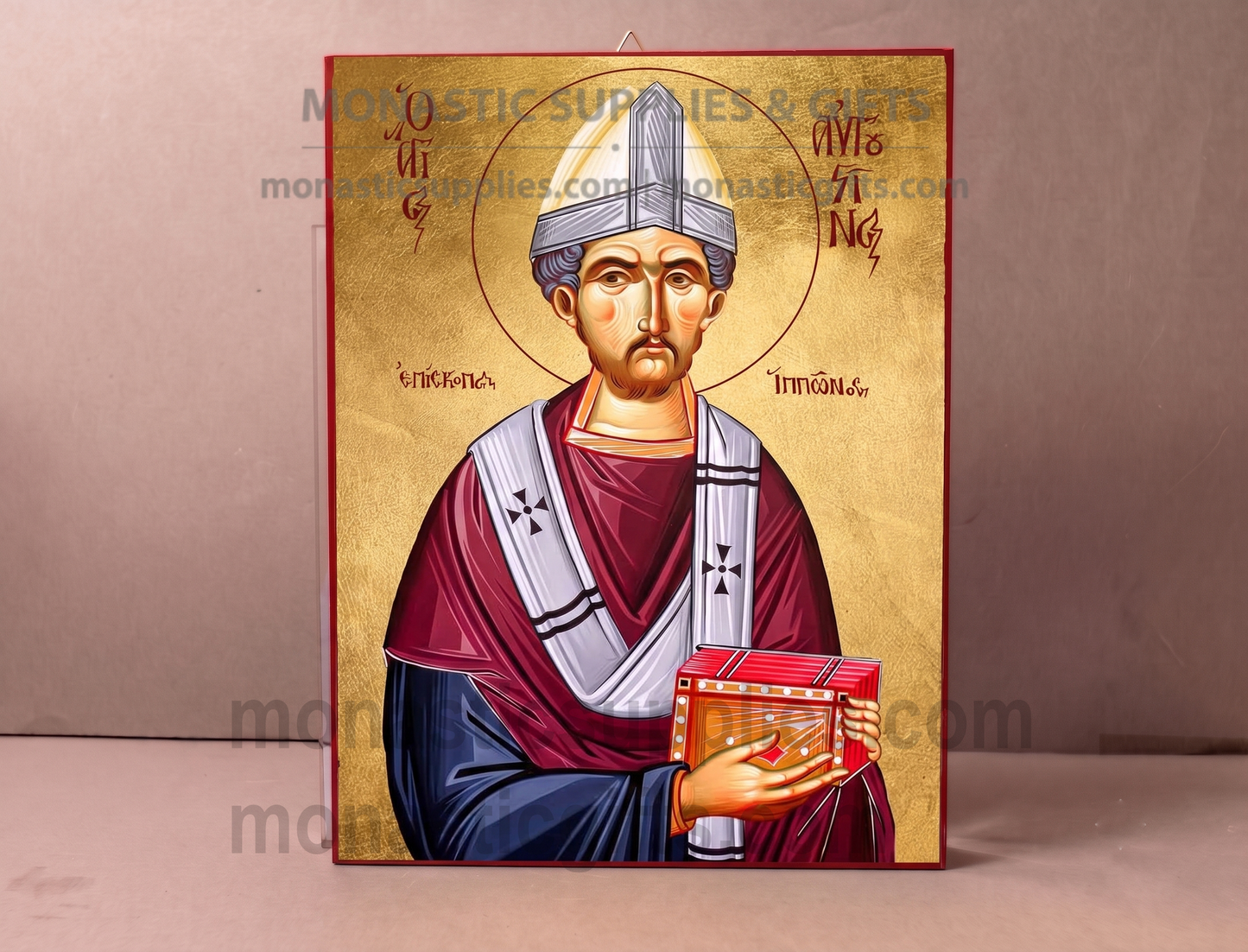 Handcrafted Orthodox gold leaf canvas icon of Saint Augustine on solid wooden panel
