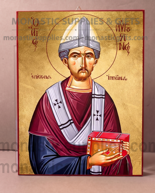 Handcrafted Orthodox gold leaf canvas icon of Saint Augustine on solid wooden panel