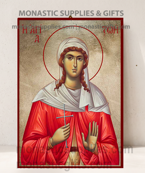 Handcrafted Orthodox gold leaf canvas icon of Saint Zoe the Martyr on solid wooden panel