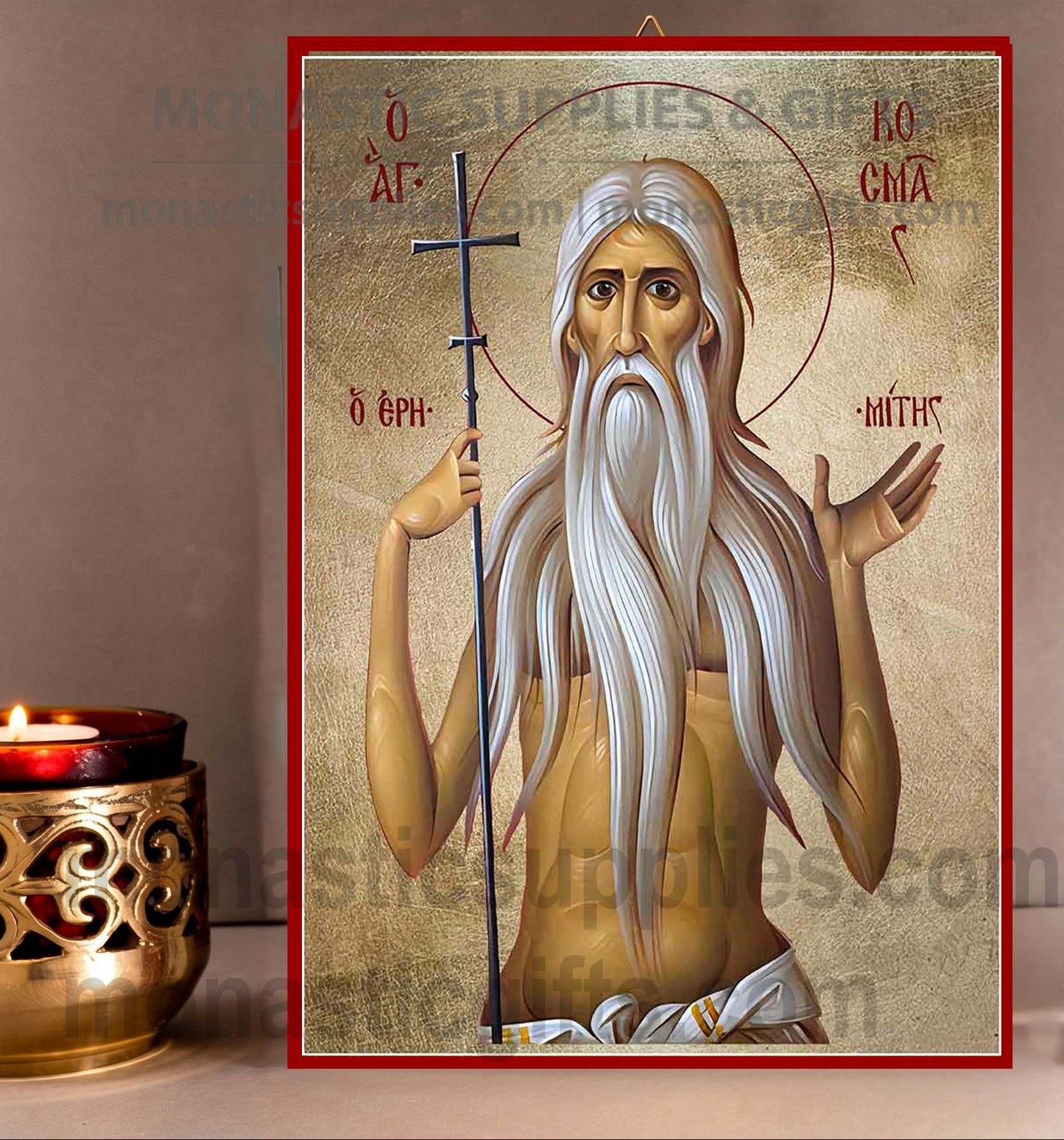 Handcrafted Orthodox gold leaf canvas icon of Saint Cosmas the Hermit on solid wooden panel