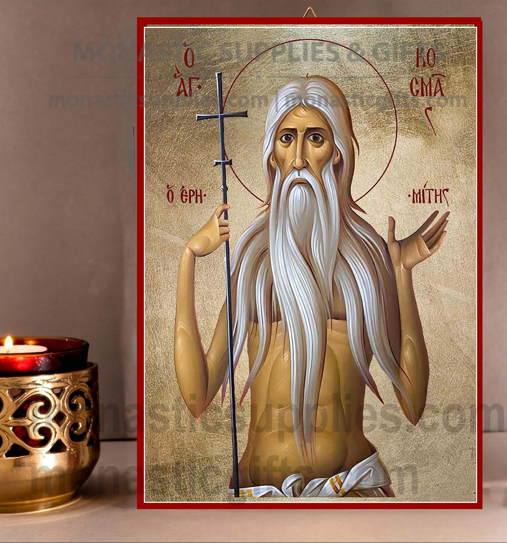 Handcrafted Orthodox gold leaf canvas icon of Saint Cosmas the Hermit on solid wooden panel
