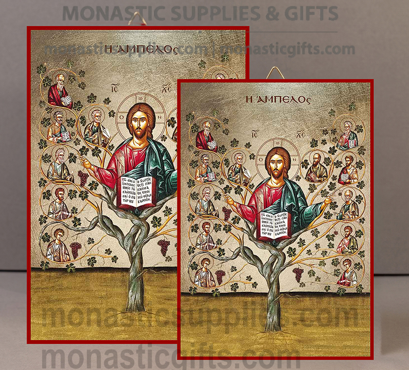 Handcrafted Orthodox gold leaf canvas icon of Christ the True Vine with Twelve Apostles on solid wooden panel