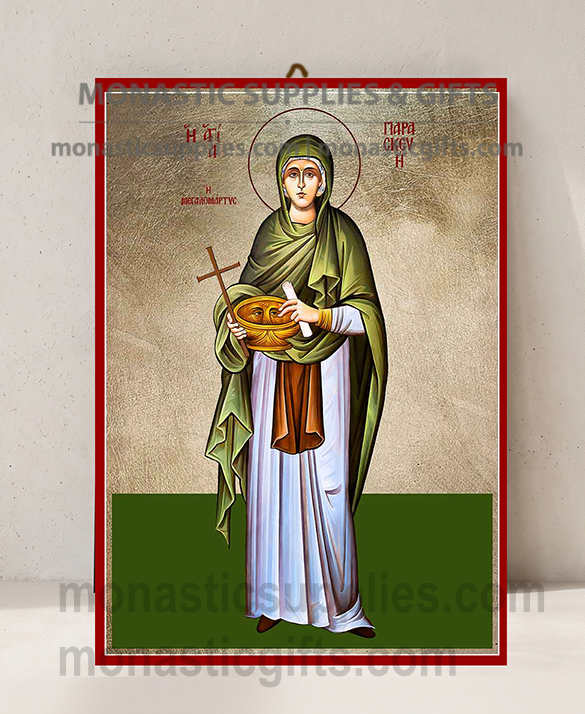 Handcrafted Orthodox gold leaf canvas icon of Saint Paraskevi the Great Martyr and Healer of the Blind on solid wooden panel