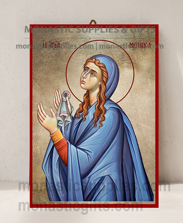 Handcrafted Orthodox gold leaf canvas icon of Saint Monica on solid wooden panel