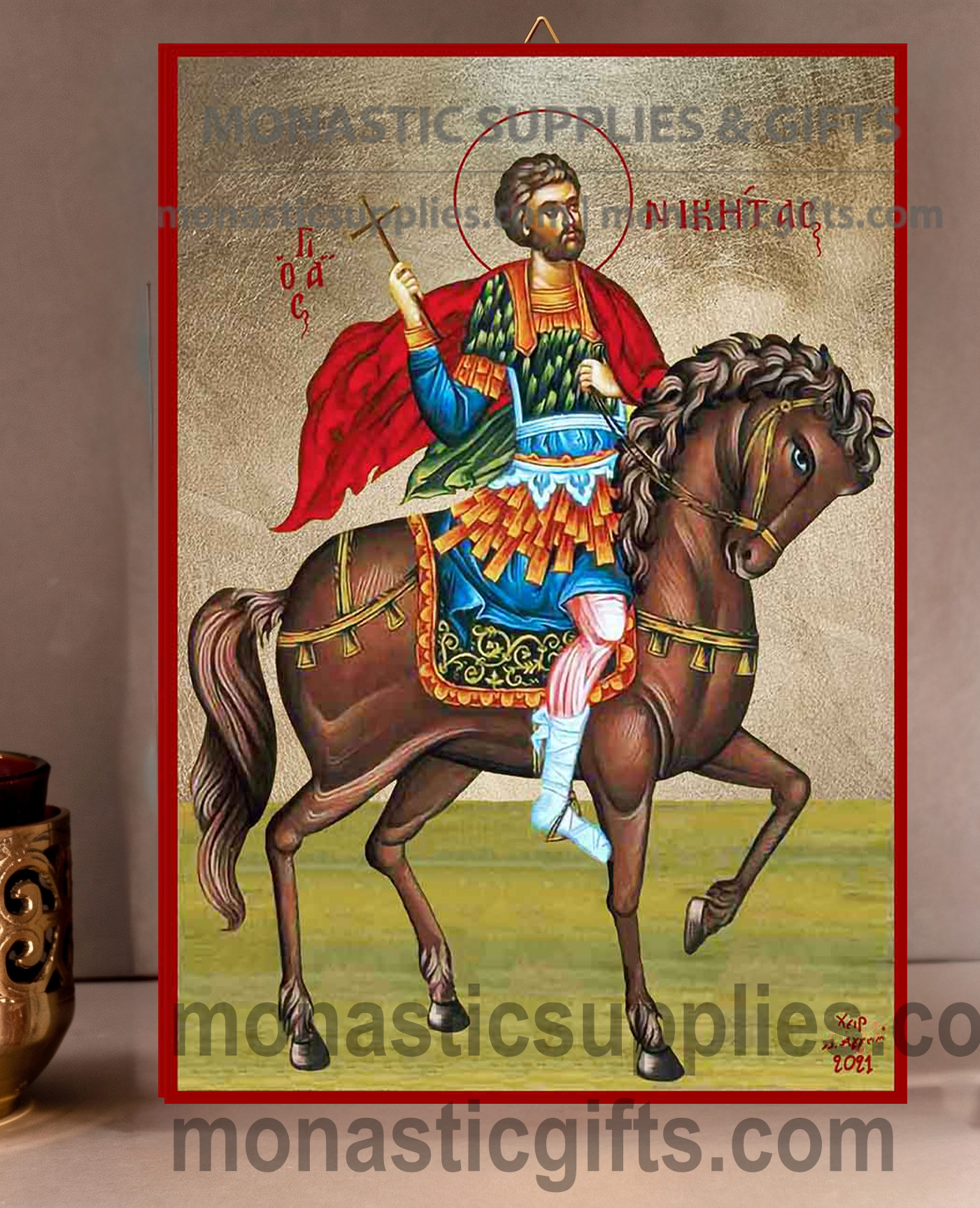 Handcrafted Orthodox gold leaf canvas icon of Saint Nicetas patron of children and spiritual victory on solid wooden panel