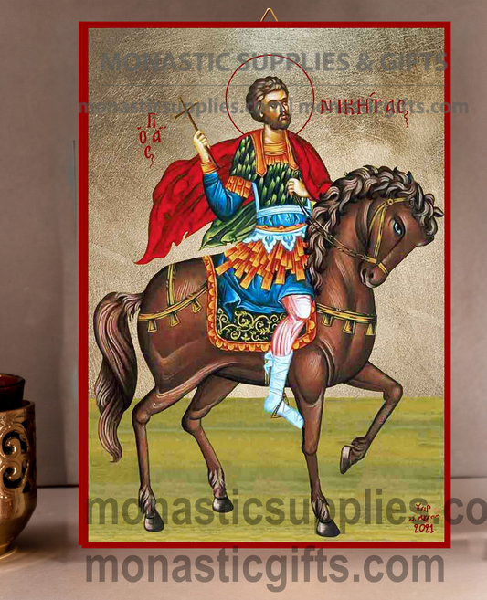 Handcrafted Orthodox gold leaf canvas icon of Saint Nicetas patron of children and spiritual victory on solid wooden panel