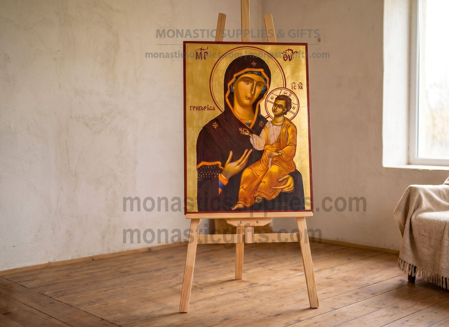 Authentic Handmade Virgin Mary Who Responds Quickly Byzantine Icon on Genuine Gold Leaf, Large Wooden Wall Art (30x40cm - 12x16in)