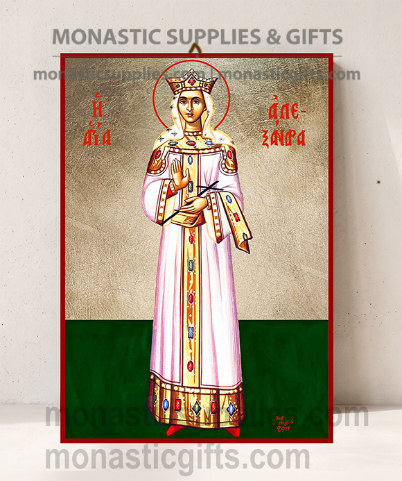 Handcrafted Orthodox gold leaf canvas icon of Saint Alexandra the Empress with royal crown on solid wooden panel