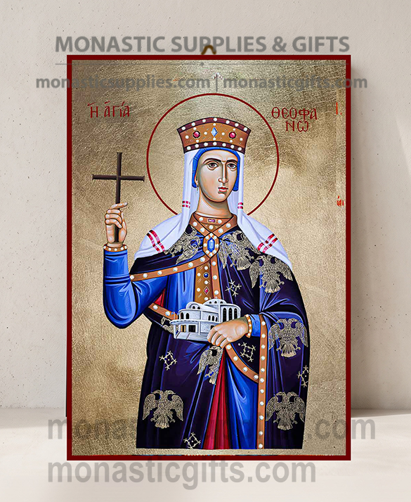 Handcrafted Orthodox gold leaf canvas icon of Saint Theophano the Empress with church and cross on solid wooden panel