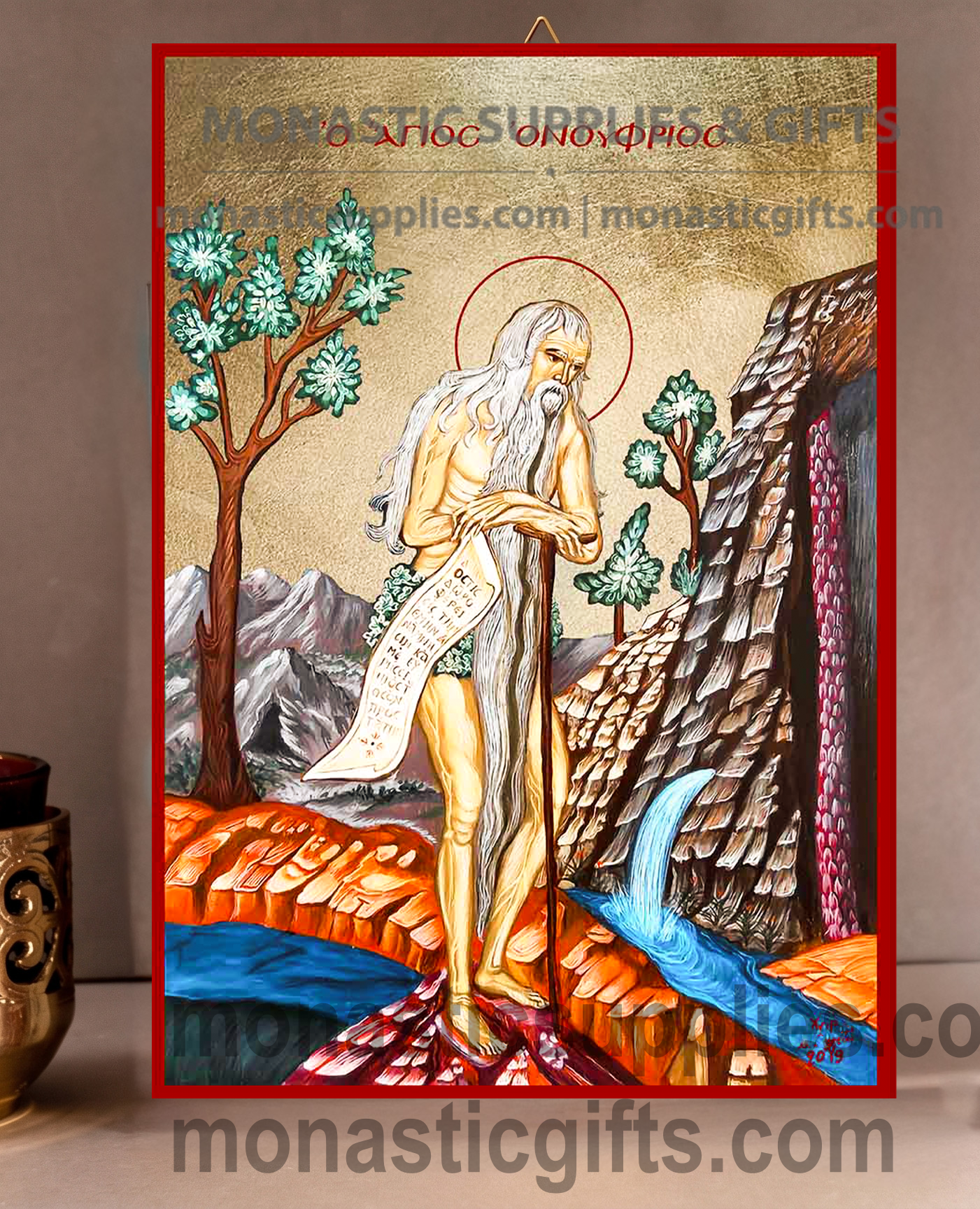 Handcrafted Orthodox gold leaf canvas icon of Saint Onuphrius the Great patron of solitude and fasting on solid wooden panel