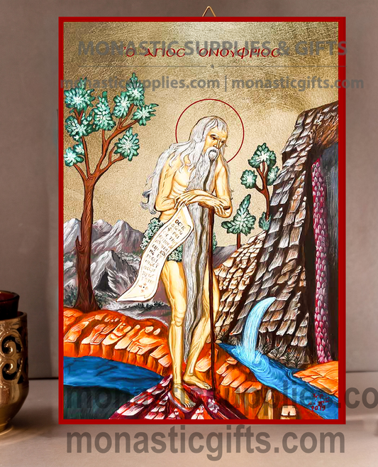 Handcrafted Orthodox gold leaf canvas icon of Saint Onuphrius the Great patron of solitude and fasting on solid wooden panel