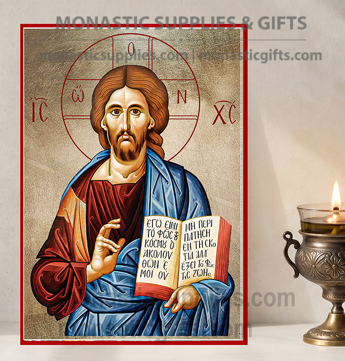 Handcrafted Orthodox gold leaf canvas icon of Jesus Christ the Blessing Pantocrator holding open Gospel book on solid wooden panel