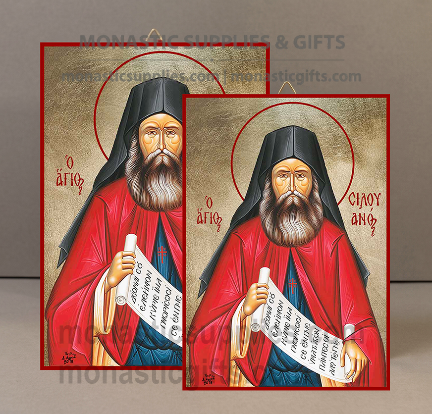 Handcrafted Orthodox gold leaf canvas icon of Saint Silouan the Athonite patron of humility and overcoming despair on solid wooden panel