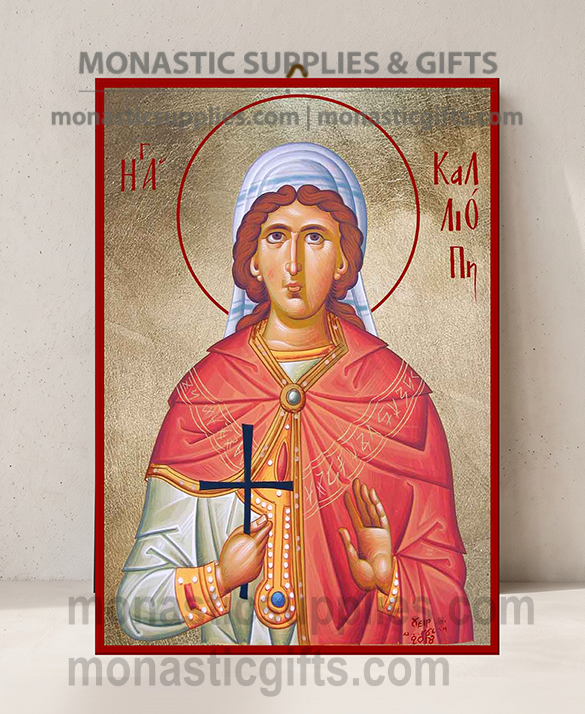 Handcrafted Orthodox gold leaf canvas icon of Saint Kalliopi the Holy Martyr on solid wooden panel