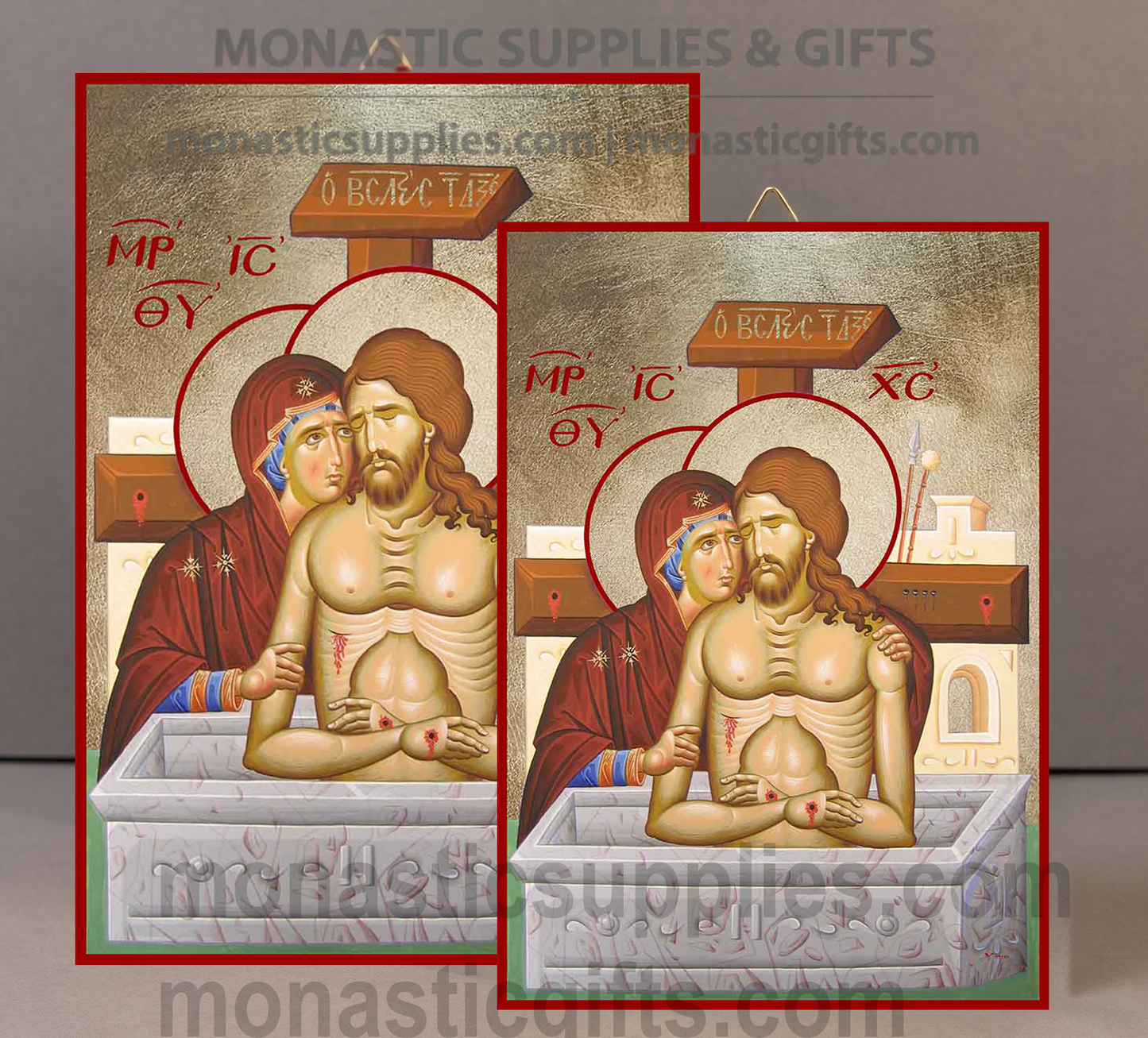 Handcrafted Orthodox gold leaf canvas icon of The Extreme Humility Akra Tapeinosis with the Virgin Mary on solid wooden panel