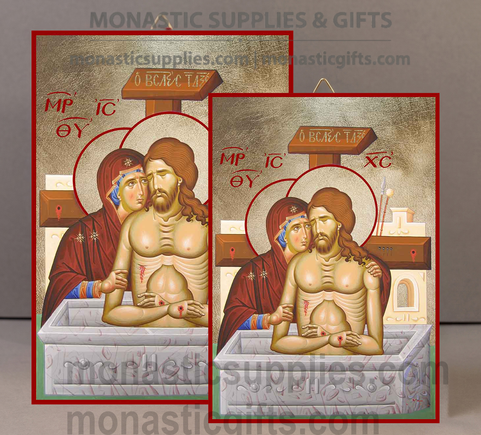 Handcrafted Orthodox gold leaf canvas icon of The Extreme Humility Akra Tapeinosis with the Virgin Mary on solid wooden panel