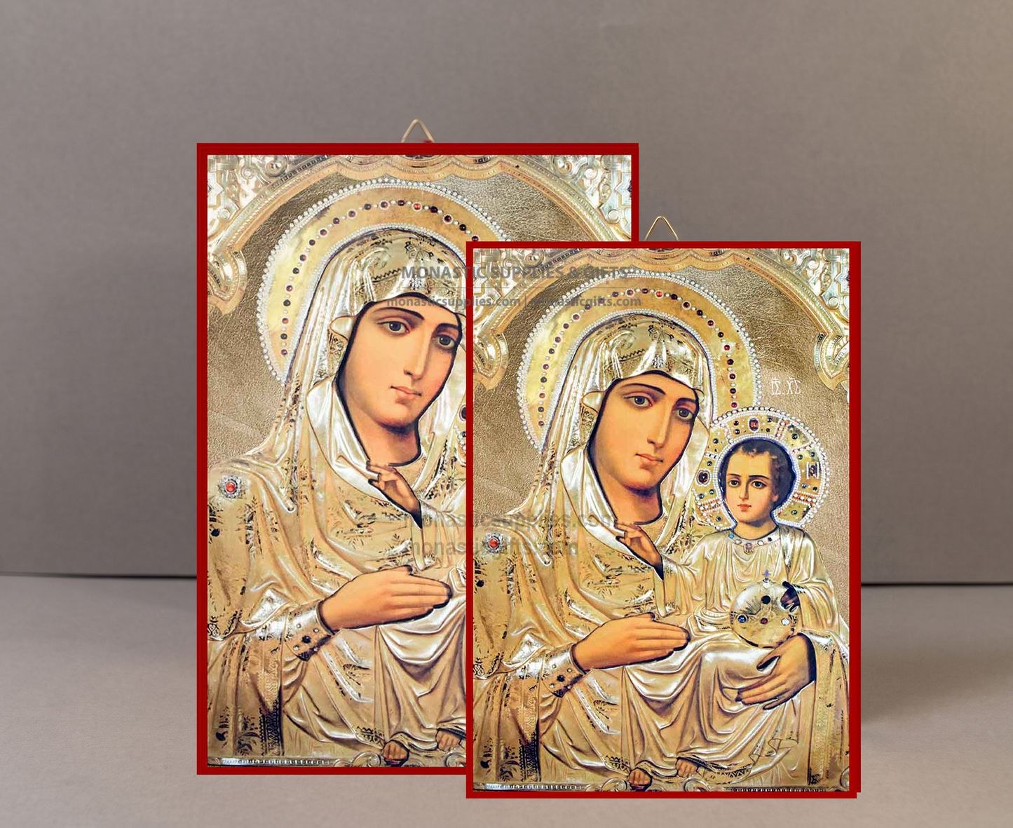 Handcrafted Orthodox gold leaf canvas icon of the Virgin Mary of Jerusalem Theotokos Ierosolymitissa on solid wooden panel