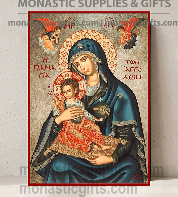 Handcrafted Orthodox gold leaf canvas icon of the Virgin Mary of the Angels Queen of Angels with Archangels on solid wooden panel