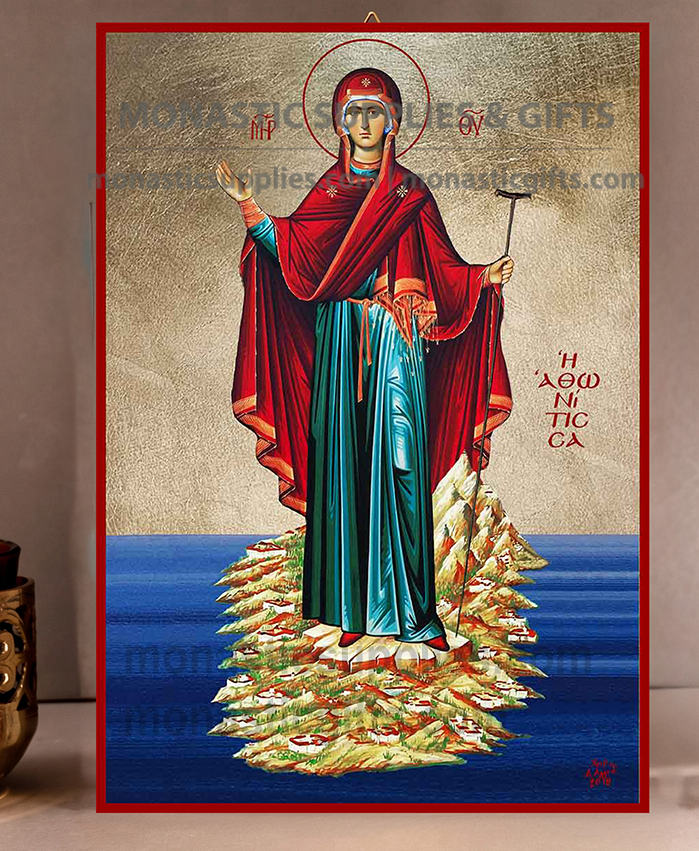 Handcrafted Orthodox gold leaf canvas icon of the Virgin Mary of Mount Athos Theotokos Athonitissa on solid wooden panel