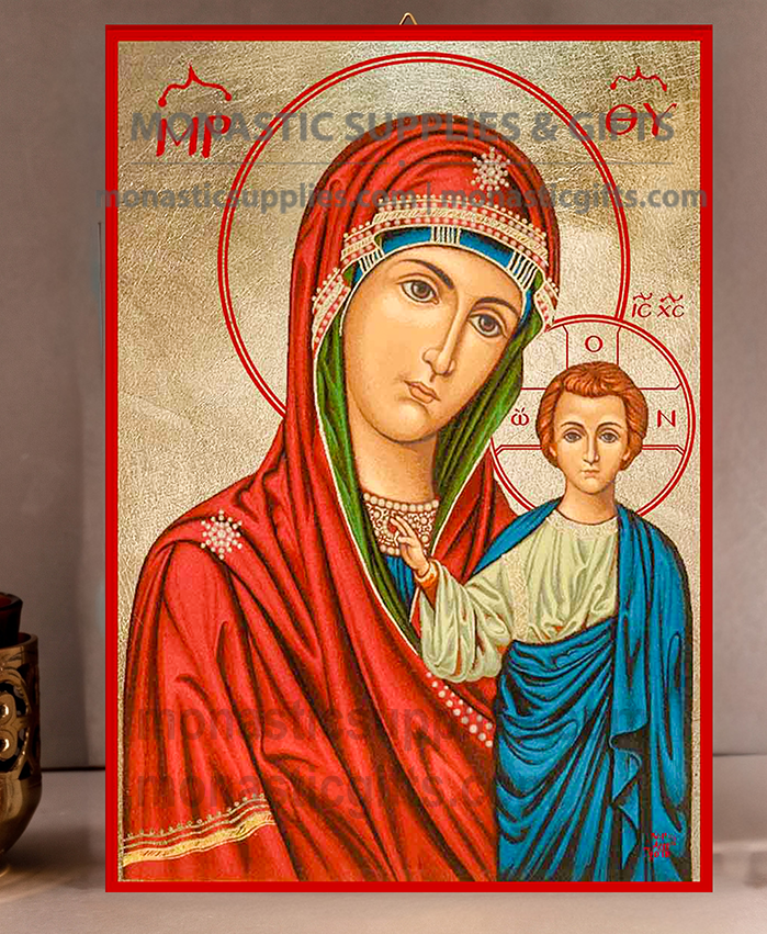 Handcrafted Orthodox gold leaf canvas icon of the Virgin Mary of Kazan Our Lady of Kazan on solid wooden panel
