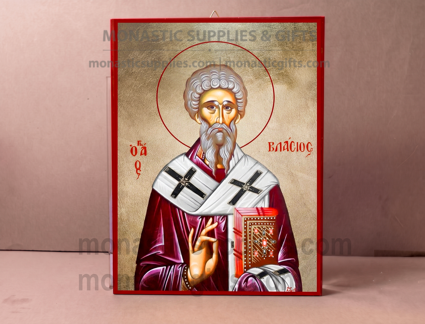 Handcrafted Orthodox gold leaf canvas icon of Saint Vlasios on solid wooden panel