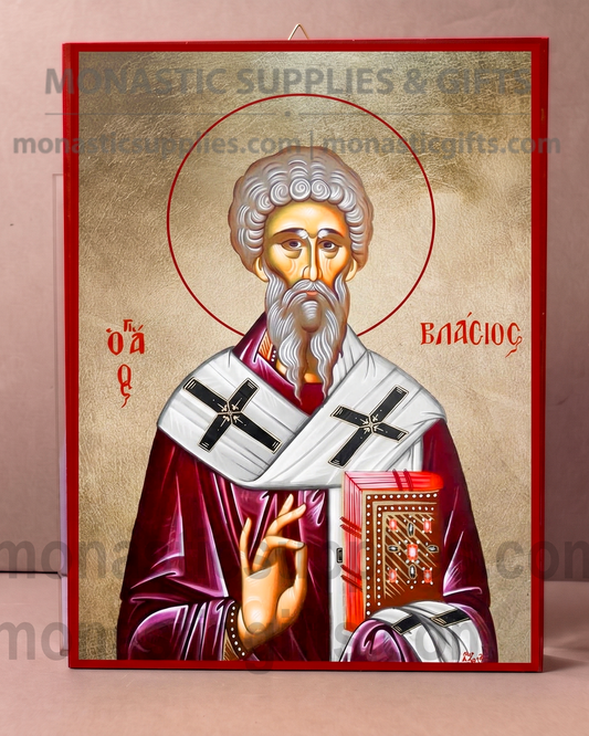 Handcrafted Orthodox gold leaf canvas icon of Saint Vlasios on solid wooden panel