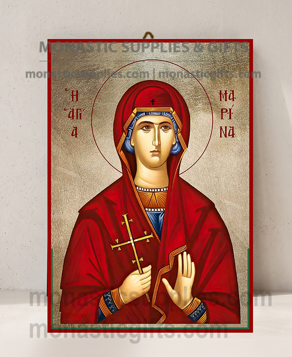 Handcrafted Orthodox gold leaf canvas icon of Saint Marina the Great Martyr with cross on solid wooden panel