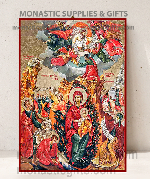 Handcrafted Orthodox gold leaf canvas icon of the Virgin Mary of the Unburnt Burning Bush with Prophet Moses on solid wooden panel