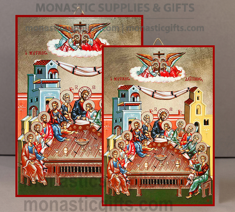 Handcrafted Orthodox gold leaf canvas icon of The Mystical Supper Last Supper with Christ and Apostles on solid wooden panel