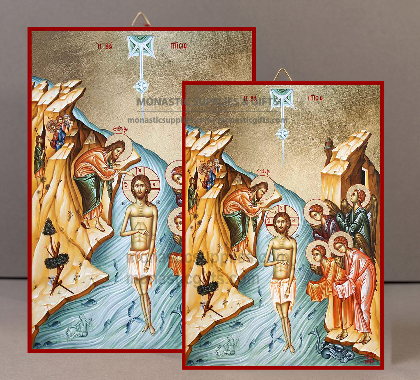 Handcrafted Orthodox gold leaf canvas icon of The Baptism of Christ Theophany Epiphany on solid wooden panel
