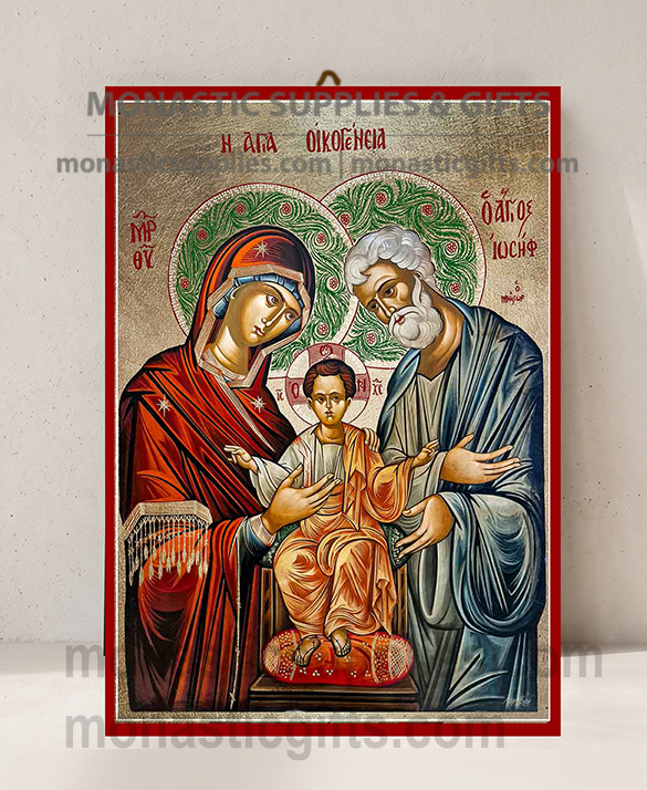 Handcrafted Orthodox gold leaf canvas icon of the Holy Family Jesus Mary and Joseph on solid wooden panel