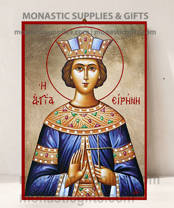 Handcrafted Orthodox gold leaf canvas icon of Saint Irene the Great Martyr with dove and cross on solid wooden panel