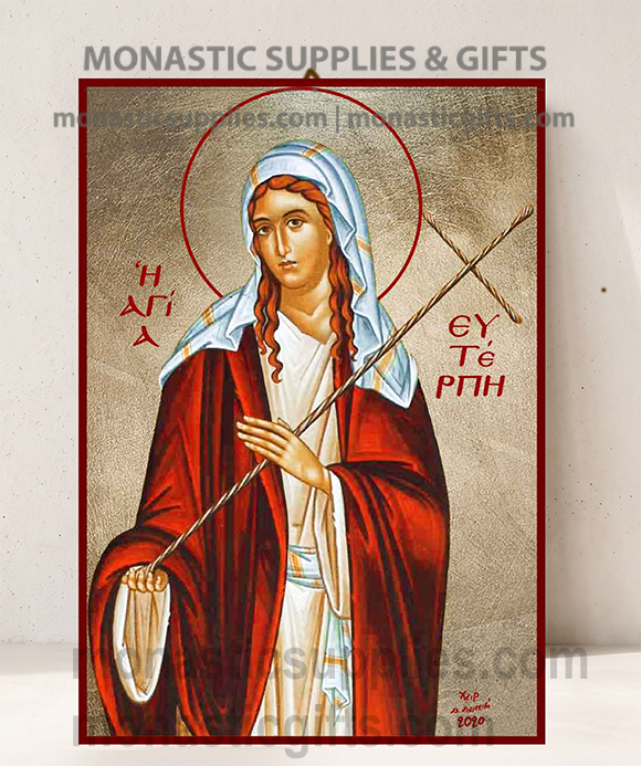 Handcrafted Orthodox gold leaf canvas icon of Saint Euterpe the Virgin Martyr on solid wooden panel